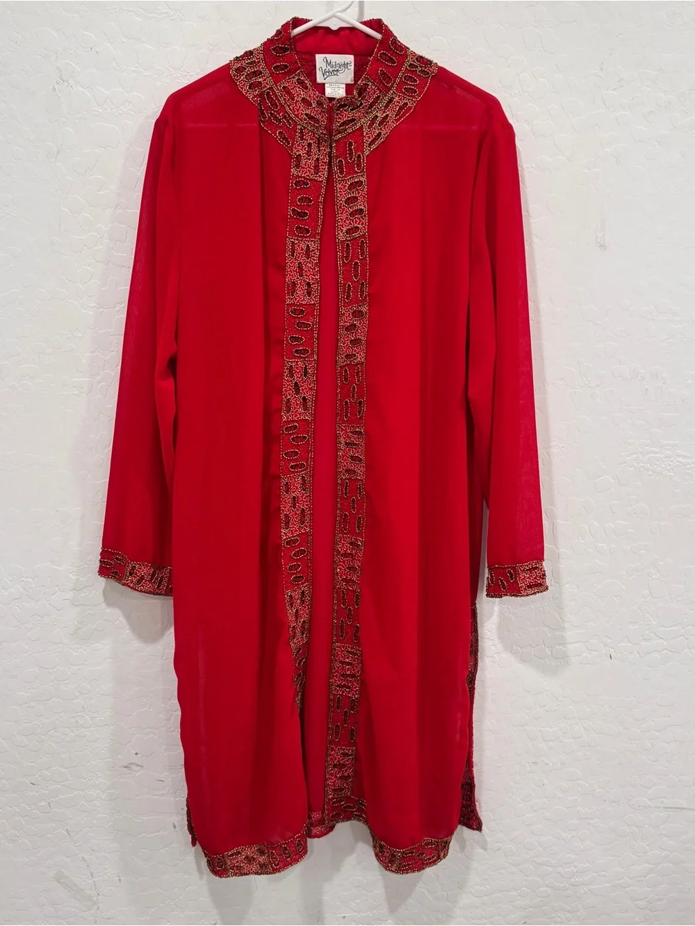 Midnight Velvet Red Beaded Trim Duster Cardigan Womens 1X Sheer Maximalist Boho